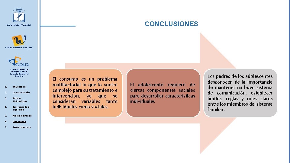 CONCLUSIONES Universidad de Guayaquil Facultad de Ciencias Psicológicas Centro de Docencia e Investigación para