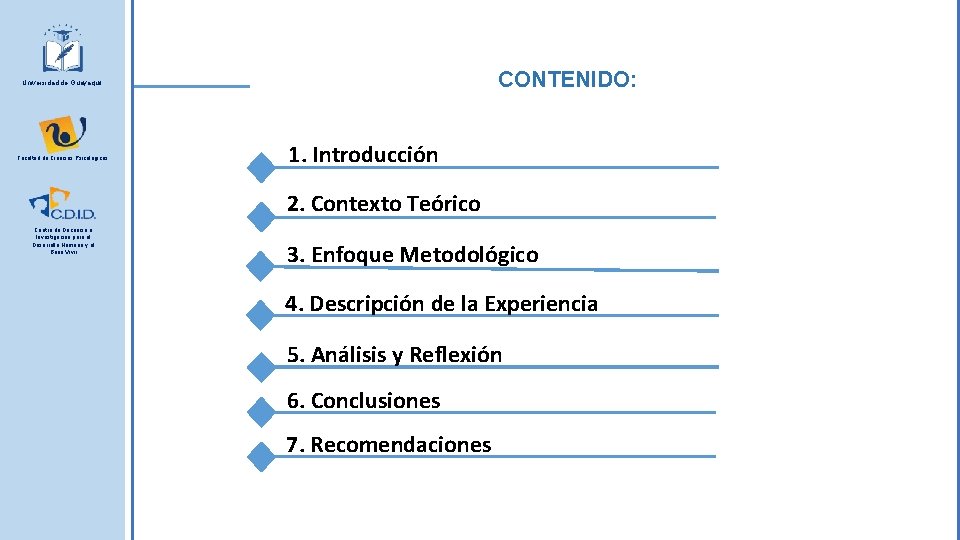 CONTENIDO: Universidad de Guayaquil Facultad de Ciencias Psicológicas 1. Introducción 2. Contexto Teórico Centro