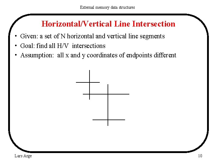 External memory data structures Horizontal/Vertical Line Intersection • Given: a set of N horizontal