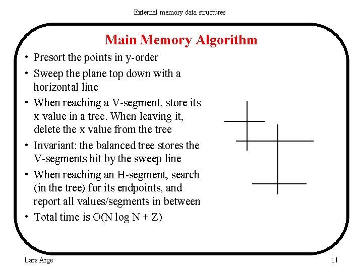 External memory data structures Main Memory Algorithm • Presort the points in y-order •