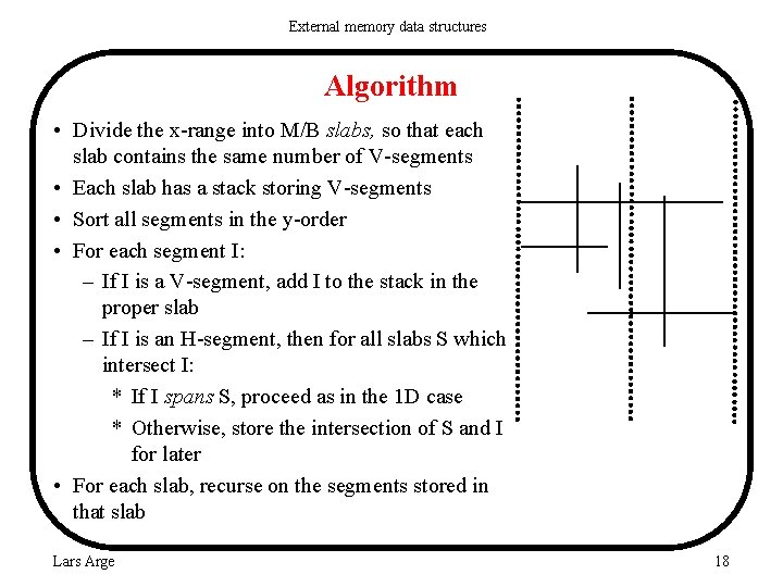External memory data structures Algorithm • Divide the x-range into M/B slabs, so that