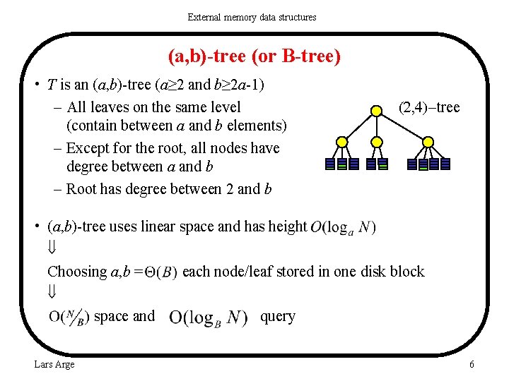 External memory data structures (a, b)-tree (or B-tree) • T is an (a, b)-tree