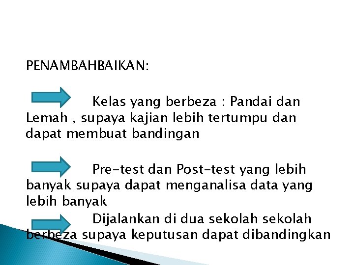 PENAMBAHBAIKAN: Kelas yang berbeza : Pandai dan Lemah , supaya kajian lebih tertumpu dan