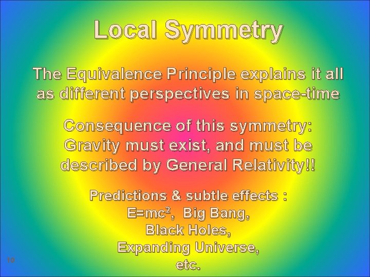 Local Symmetry The Equivalence Principle explains it all as different perspectives in space-time Consequence