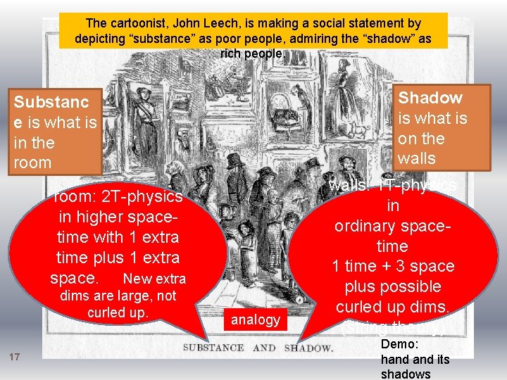The cartoonist, John Leech, is making a social statement by depicting “substance” as poor