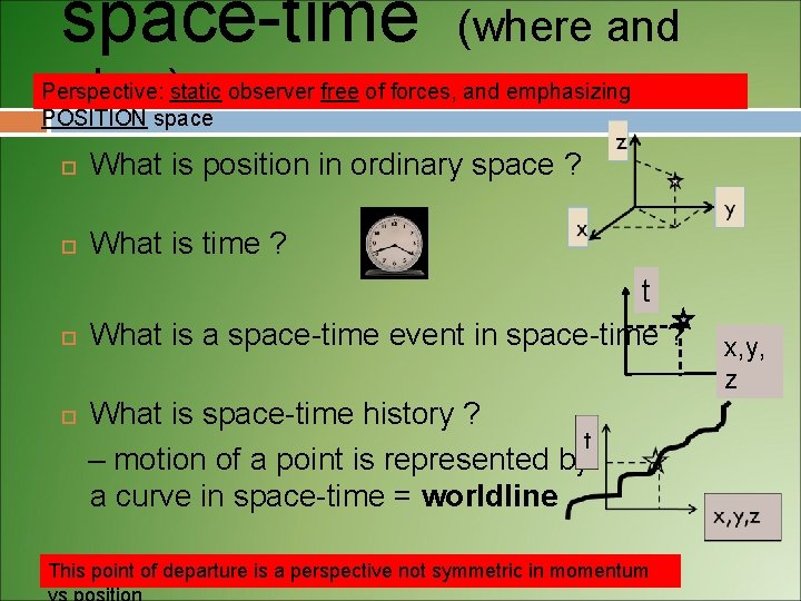 space-time (where and when) Perspective: static observer free of forces, and emphasizing POSITION space