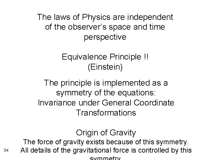 The laws of Physics are independent of the observer’s space and time perspective Equivalence