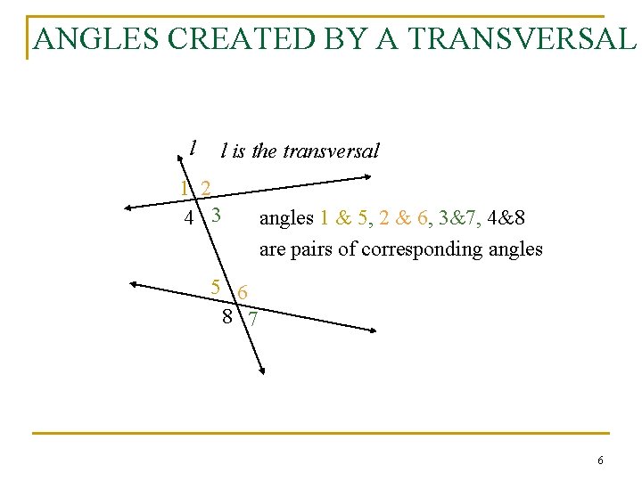 ANGLES CREATED BY A TRANSVERSAL l l is the transversal 1 2 4 3