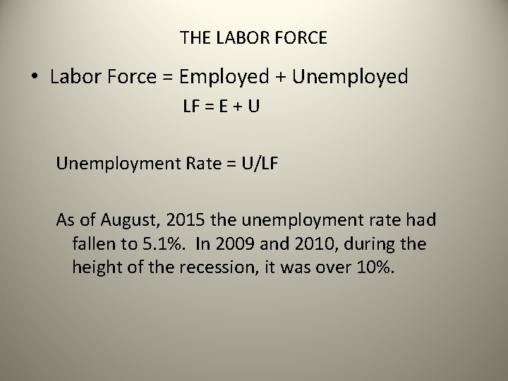 THE LABOR FORCE • Labor Force = Employed + Unemployed LF = E +