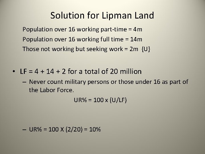Solution for Lipman Land Population over 16 working part-time = 4 m Population over