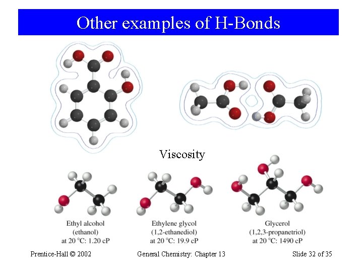 Other examples of H-Bonds Viscosity Prentice-Hall © 2002 General Chemistry: Chapter 13 Slide 32