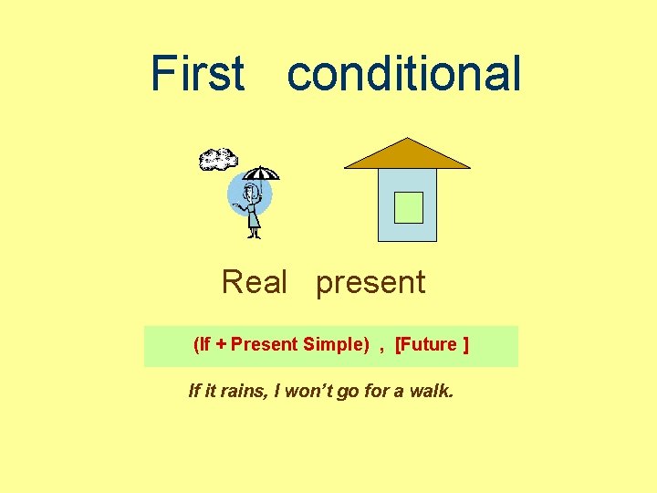 First conditional Real present (If + Present Simple) , [Future ] If it rains,