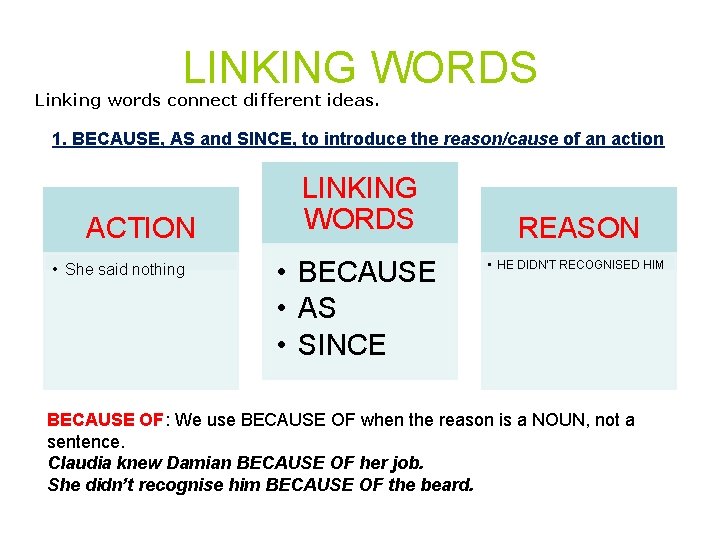 LINKING WORDS Linking words connect different ideas. 1. BECAUSE, AS and SINCE, to introduce