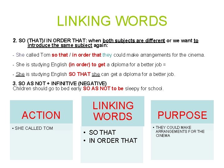 LINKING WORDS 2. SO (THAT)/ IN ORDER THAT: when both subjects are different or