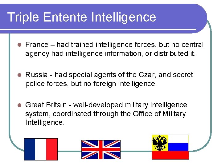 Triple Entente Intelligence l France – had trained intelligence forces, but no central agency