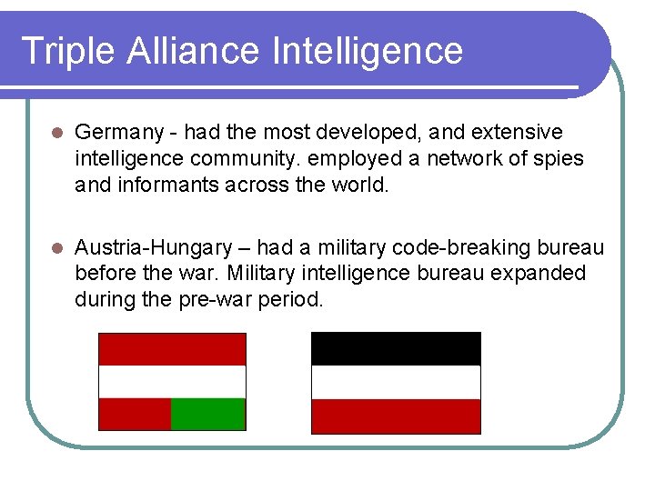 Triple Alliance Intelligence l Germany - had the most developed, and extensive intelligence community.