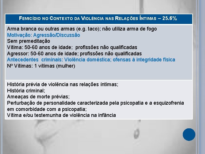 FEMICÍDIO NO CONTEXTO DA VIOLÊNCIA NAS RELAÇÕES ÍNTIMAS – 25. 6% Arma branca ou