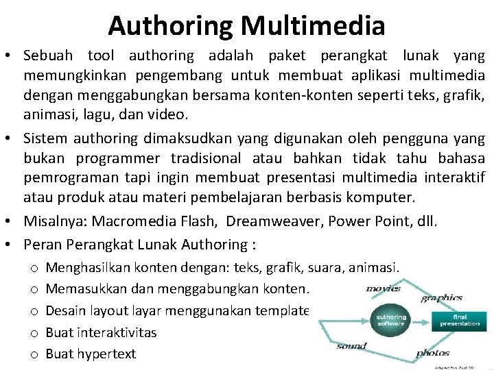 Authoring Multimedia • Sebuah tool authoring adalah paket perangkat lunak yang memungkinkan pengembang untuk