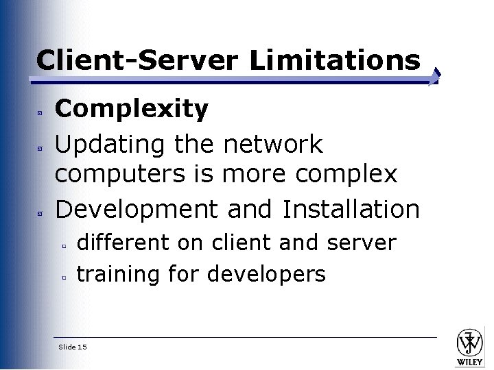 Client-Server Limitations Complexity Updating the network computers is more complex Development and Installation different