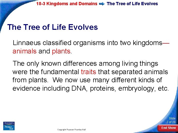 18 -3 Kingdoms and Domains The Tree of Life Evolves Linnaeus classified organisms into