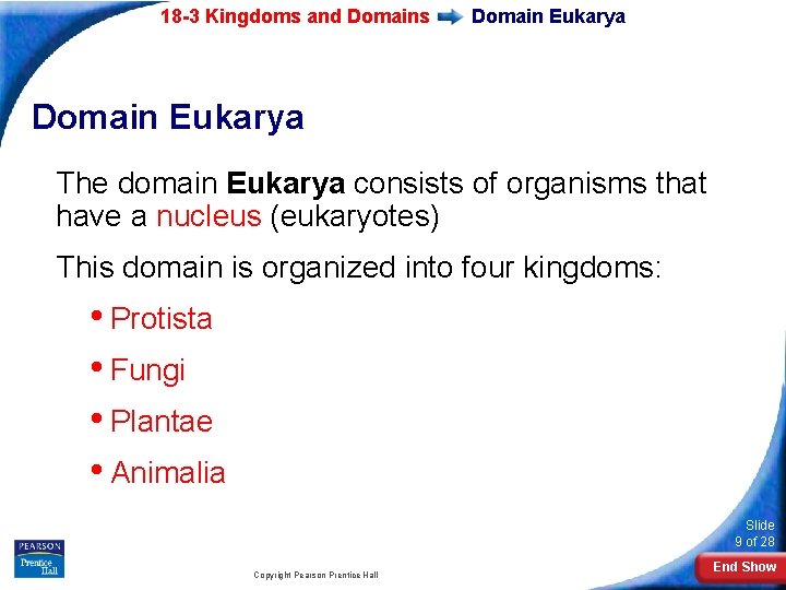 18 -3 Kingdoms and Domains Domain Eukarya The domain Eukarya consists of organisms that