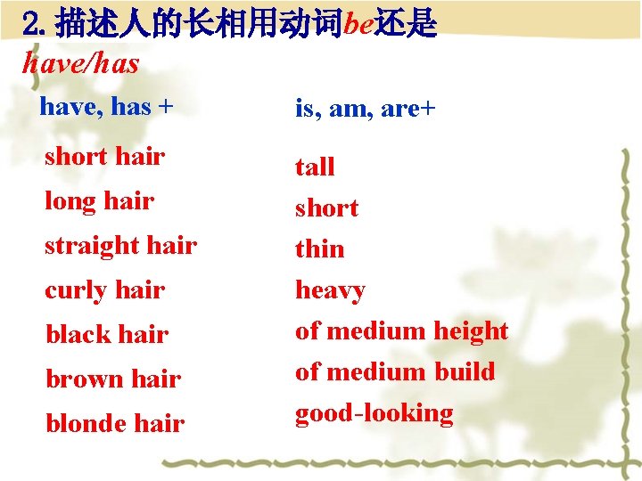 2. 描述人的长相用动词be还是 have/has have, has + is, am, are+ short hair tall short thin