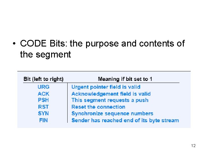  • CODE Bits: the purpose and contents of the segment 12 