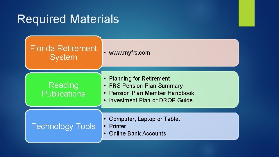Required Materials Florida Retirement System Reading Publications Technology Tools • www. myfrs. com •