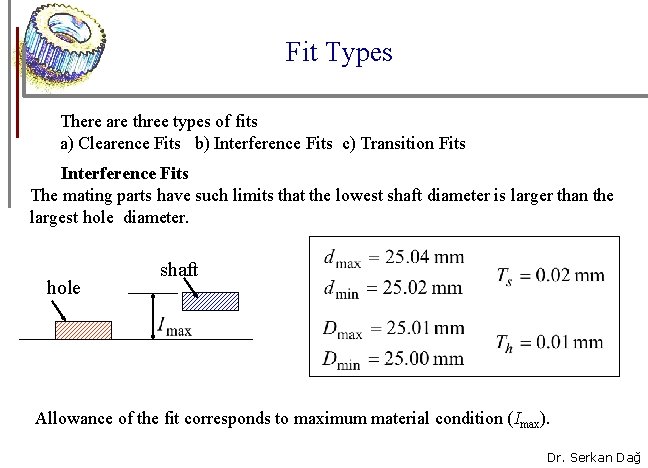 Fit Types There are three types of fits a) Clearence Fits b) Interference Fits