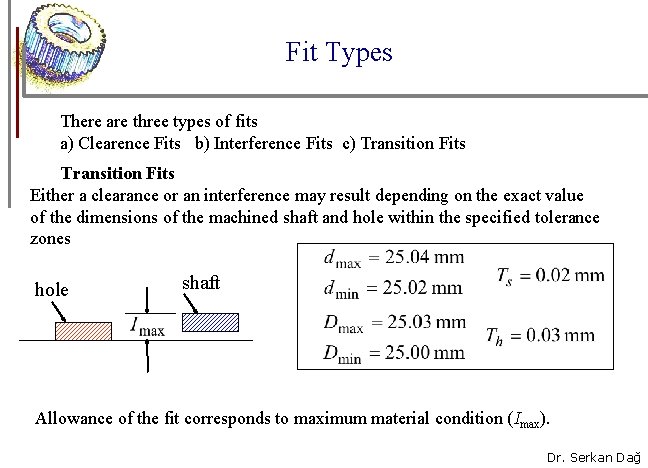 Fit Types There are three types of fits a) Clearence Fits b) Interference Fits