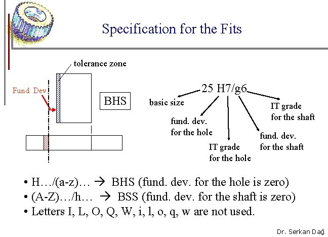 Specification for the Fits tolerance zone Fund. Dev. BHS 25 H 7/g 6 basic