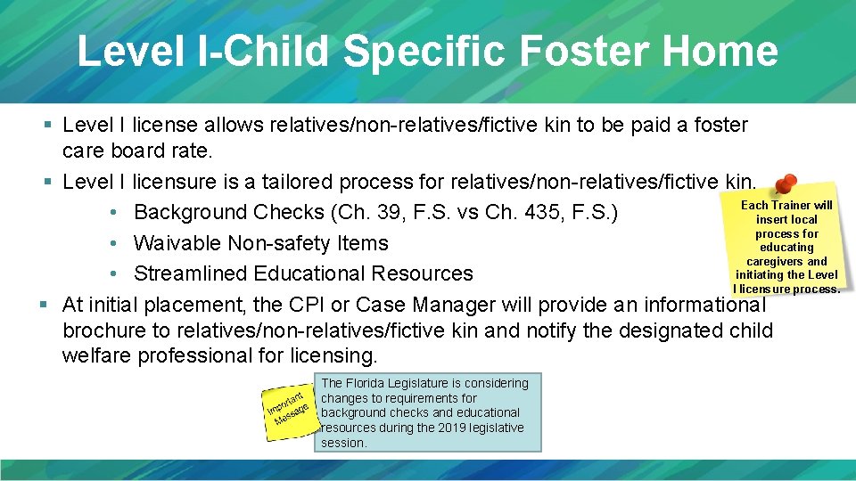 Level I-Child Specific Foster Home § Level I license allows relatives/non-relatives/fictive kin to be