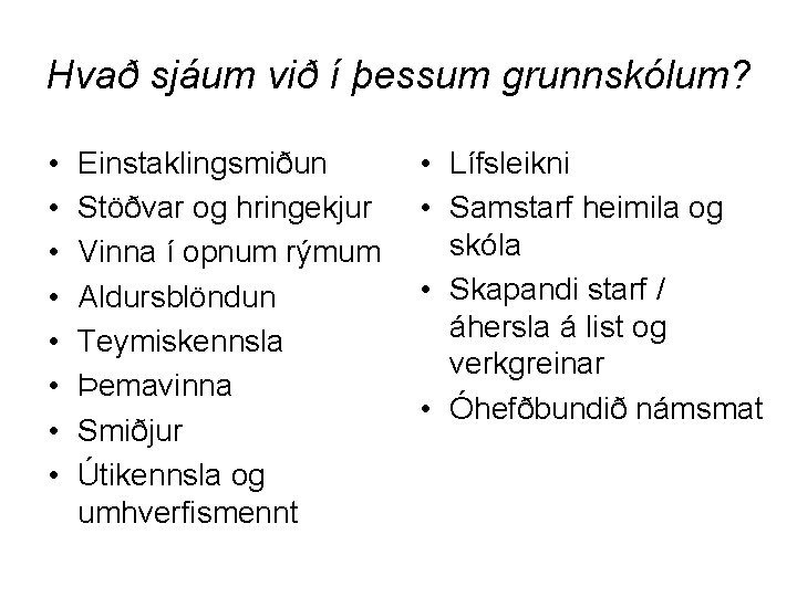 Hvað sjáum við í þessum grunnskólum? • • Einstaklingsmiðun Stöðvar og hringekjur Vinna í