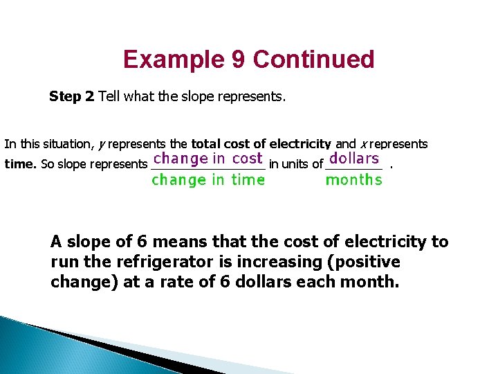 Example 9 Continued Step 2 Tell what the slope represents. In this situation, y