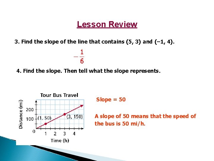 Lesson Review 3. Find the slope of the line that contains (5, 3) and