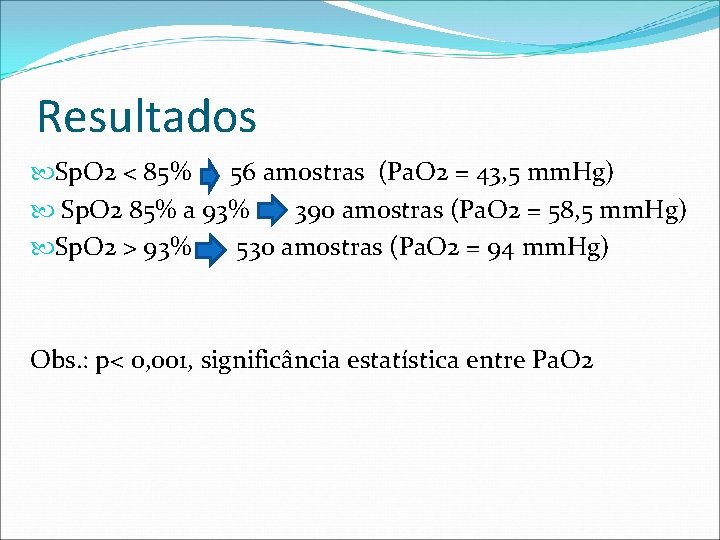 Resultados Sp. O 2 < 85% 56 amostras (Pa. O 2 = 43, 5