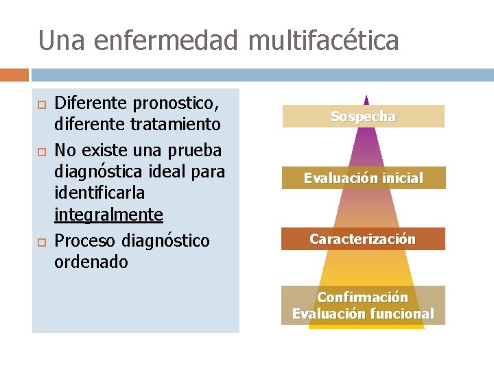 Una enfermedad multifacética Diferente pronostico, diferente tratamiento No existe una prueba diagnóstica ideal para