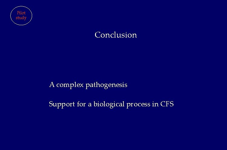 Pilot study Conclusion A complex pathogenesis Support for a biological process in CFS Pilot study Conclusion A complex pathogenesis Support for a biological process in CFS