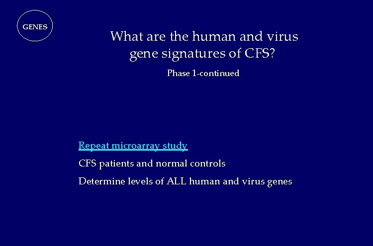 GENES What are the human and virus gene signatures of CFS? Phase 1 -continued GENES What are the human and virus gene signatures of CFS? Phase 1 -continued