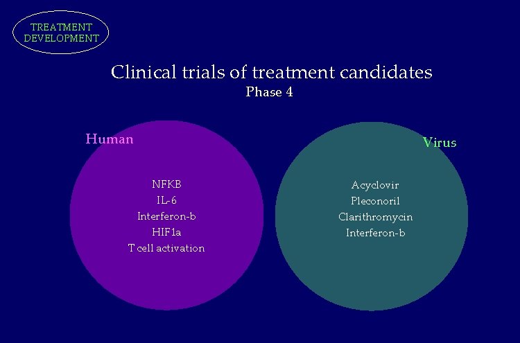 TREATMENT DEVELOPMENT Clinical trials of treatment candidates Phase 4 Human NFKB IL-6 Interferon-b HIF TREATMENT DEVELOPMENT Clinical trials of treatment candidates Phase 4 Human NFKB IL-6 Interferon-b HIF