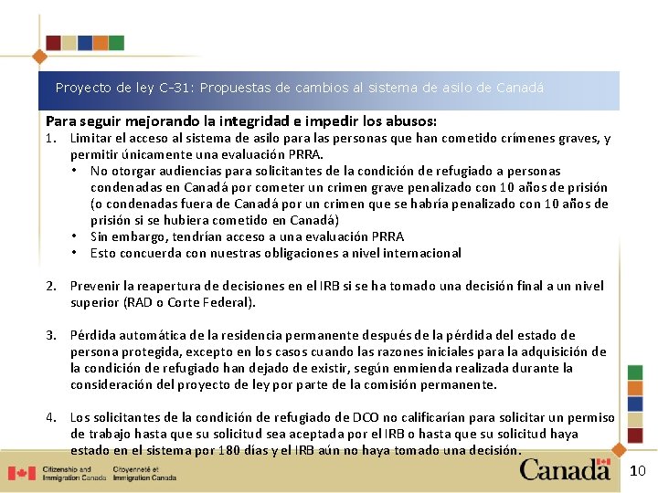 Proyecto de ley C-31: Propuestas de cambios al sistema de asilo de Canadá Para