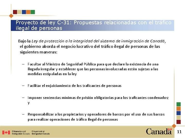 Proyecto de ley C-31: Propuestas relacionadas con el tráfico ilegal de personas Bajo la