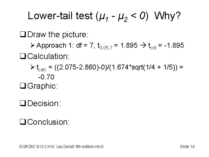 Lower-tail test (μ 1 - μ 2 < 0) Why? q Draw the picture: