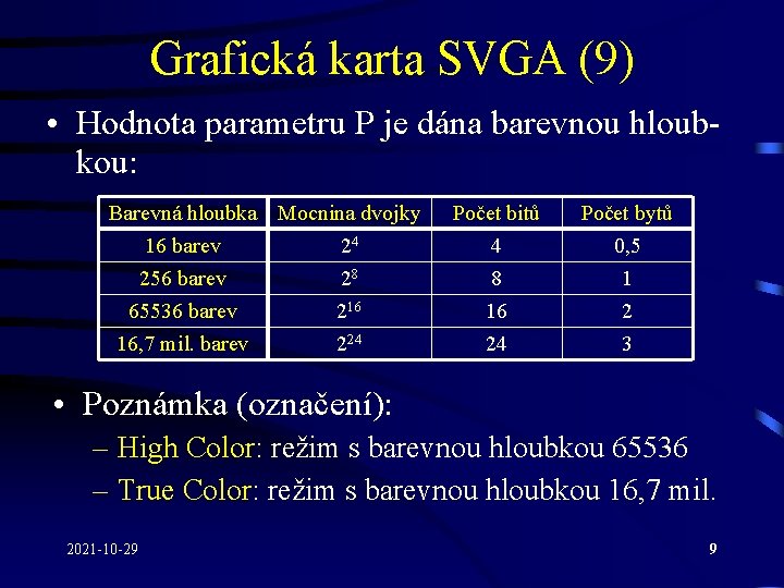 Grafická karta SVGA (9) • Hodnota parametru P je dána barevnou hloubkou: Barevná hloubka