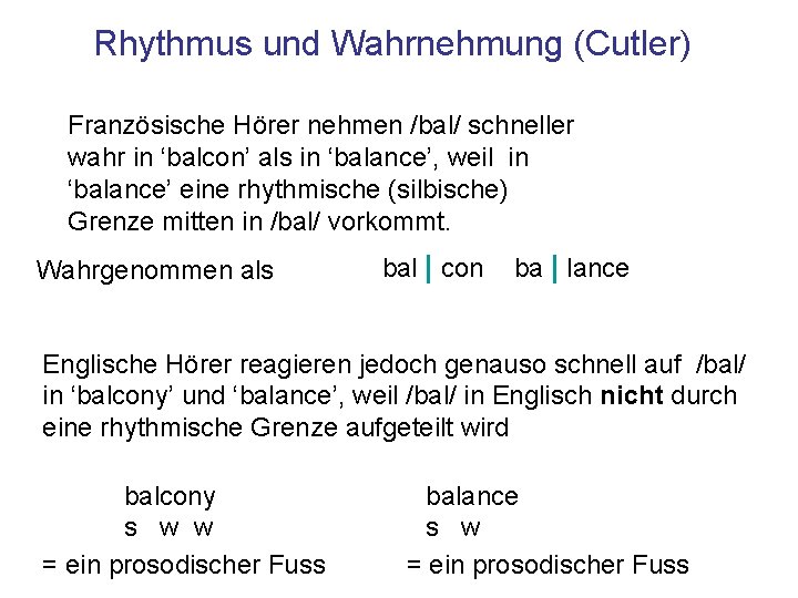 Rhythmus und Wahrnehmung (Cutler) Französische Hörer nehmen /bal/ schneller wahr in ‘balcon’ als in