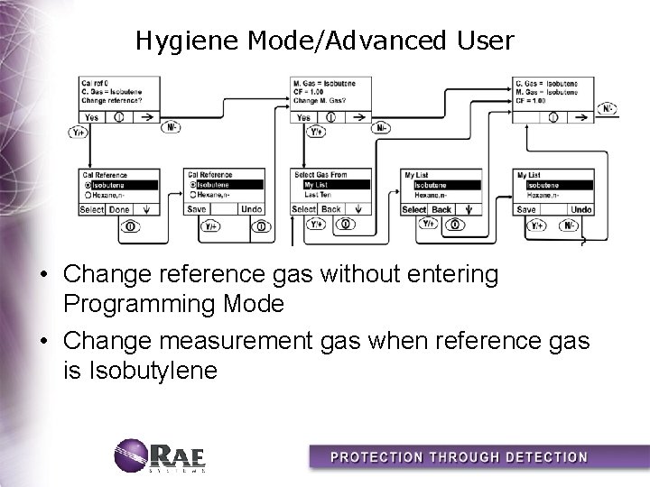 Hygiene Mode/Advanced User • Change reference gas without entering Programming Mode • Change measurement