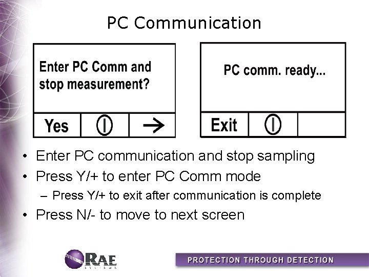 PC Communication • Enter PC communication and stop sampling • Press Y/+ to enter