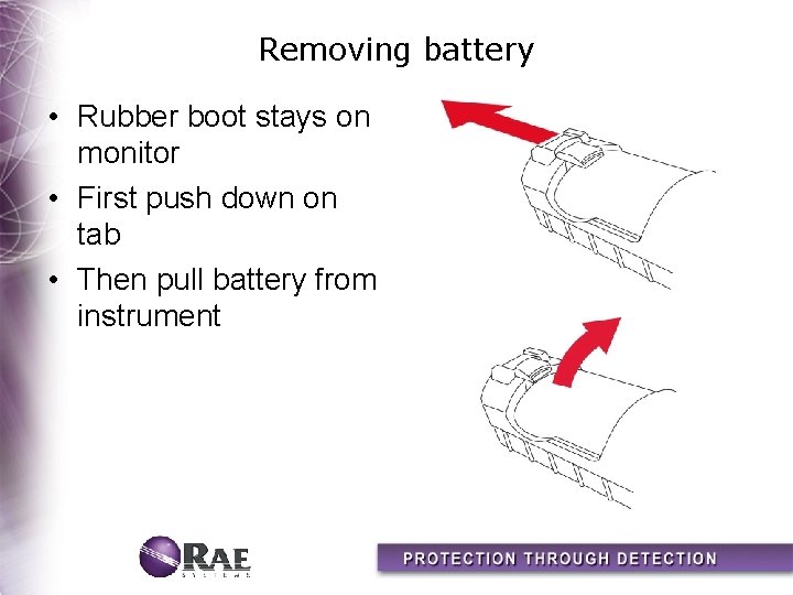 Removing battery • Rubber boot stays on monitor • First push down on tab