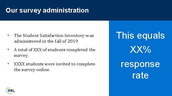 Our survey administration • The Student Satisfaction Inventory was administered in the fall of