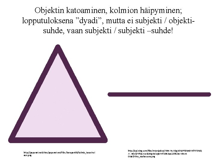 Objektin katoaminen, kolmion häipyminen; lopputuloksena ”dyadi”, mutta ei subjekti / objektisuhde, vaan subjekti /